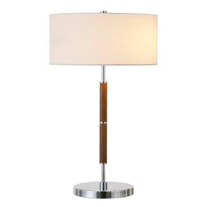 Homeroots 25" Silver And Oak Two Light Table Lamp With White Drum Shade   523606