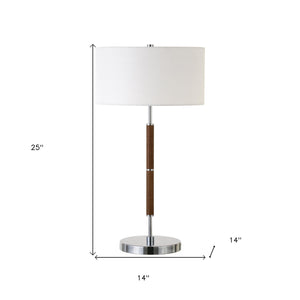 Homeroots 25" Silver And Oak Two Light Table Lamp With White Drum Shade   523606
