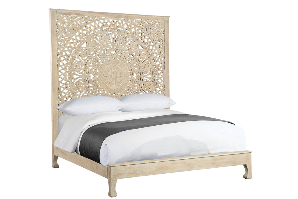 Homeroots Solid Wood Queen White Carved Medallion Bed  Wood 523615