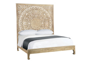 Homeroots Solid Wood Queen Gray Carved Medallion Bed  Wood 523616