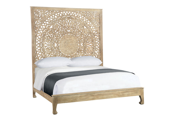 Homeroots Solid Wood Queen Gray Carved Medallion Bed  Wood 523616