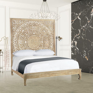 Homeroots Solid Wood Queen Gray Carved Medallion Bed  Wood 523616