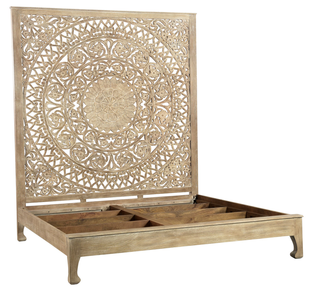 Homeroots Solid Wood Queen Gray Carved Medallion Bed  Wood 523616