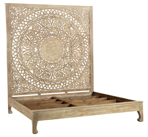 Homeroots Solid Wood Queen Gray Carved Medallion Bed  Wood 523616