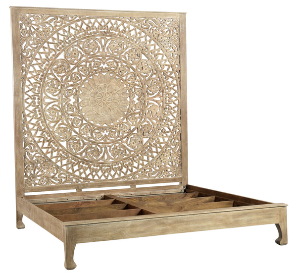 Homeroots Solid Wood Queen Gray Carved Medallion Bed  Wood 523616