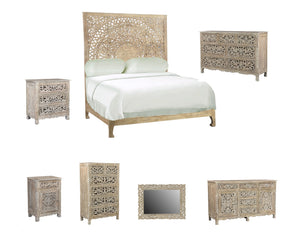 Homeroots Solid Wood Queen Gray Carved Medallion Bed  Wood 523616