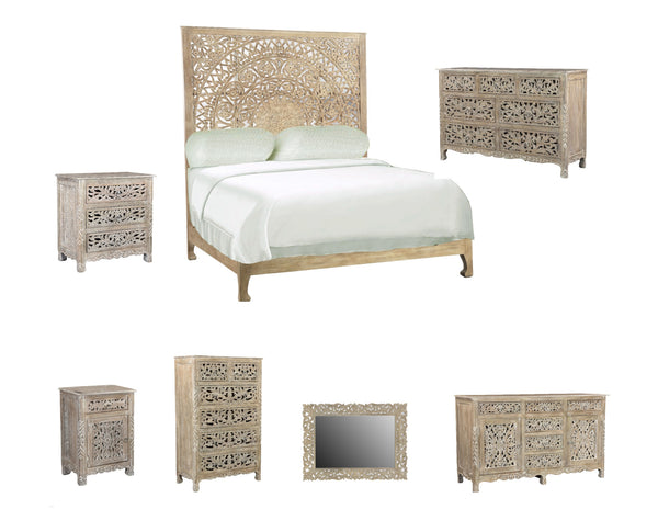 Homeroots Solid Wood Queen Gray Carved Medallion Bed  Wood 523616