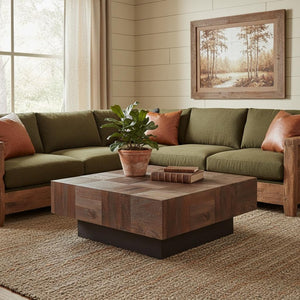 HomeRoots 40" Solid Wood Square Block Coffee Table – Rustic Two-Tone Design, Handcrafted Mango Wood, Unique Style 523617