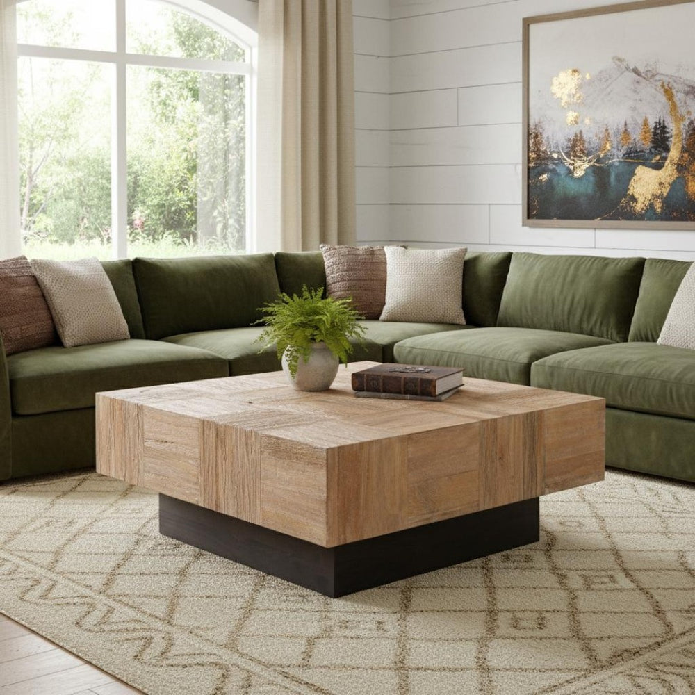 HomeRoots 40" Solid Wood Square Block Coffee Table - Modern Two-Tone Design in Brown & Black for Any Room 523618