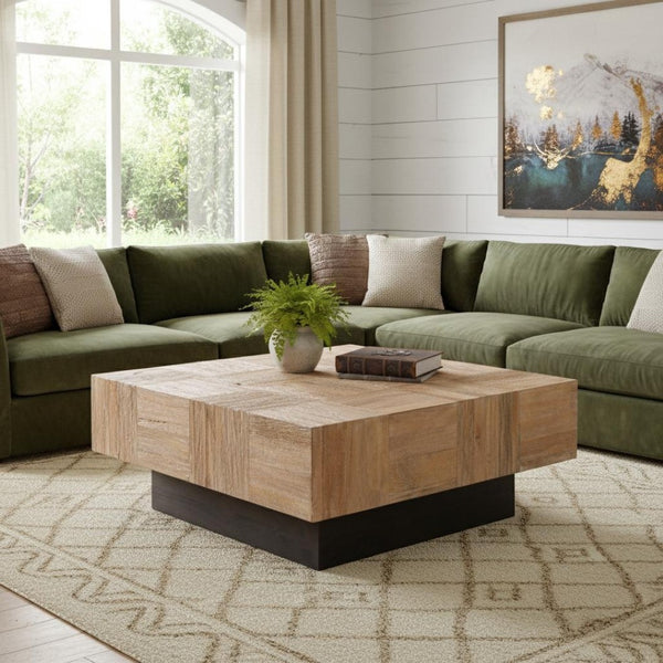 HomeRoots 40" Solid Wood Square Block Coffee Table - Modern Two-Tone Design in Brown & Black for Any Room 523618