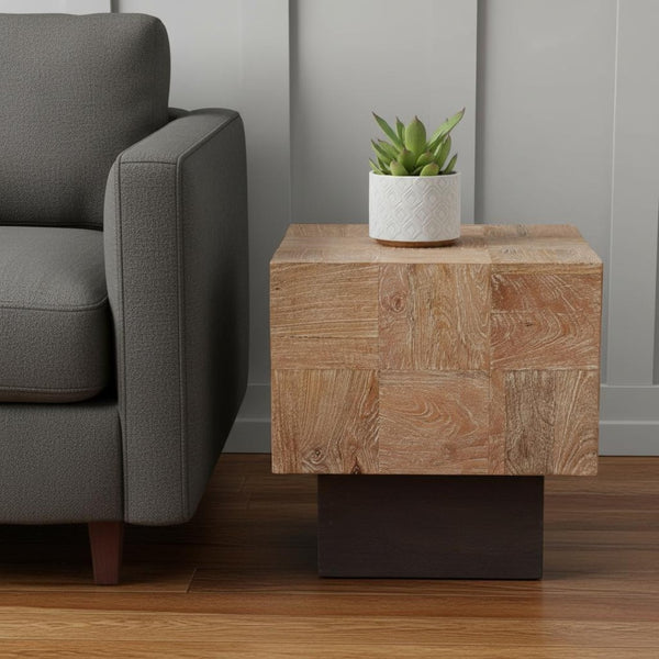 HomeRoots 22" Stylish Two-Tone Solid Wood End Table - Rustic Brown Mango Top with Modern Black Base Design 523619