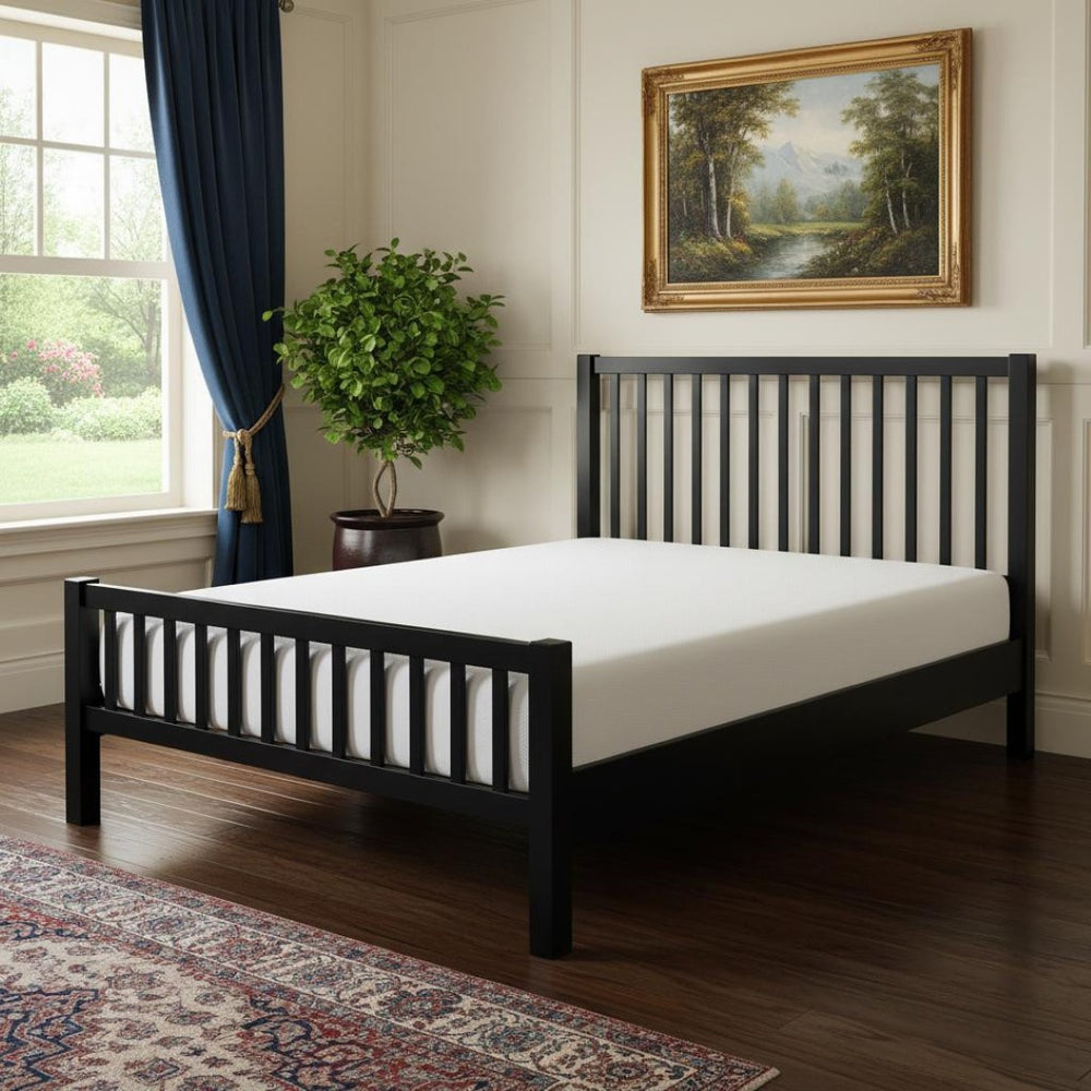 HomeRoots Black Solid Wood Queen Bed Frame with Slat-Back Headboard - Modern, Durable, and Supportive Design 523632