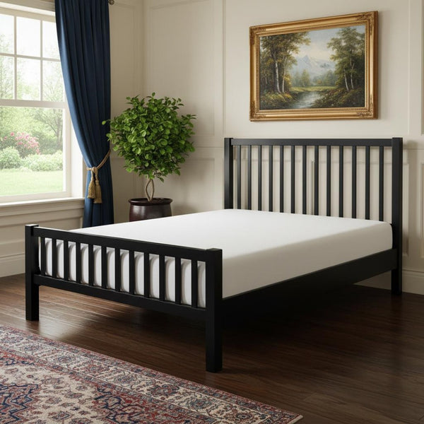 HomeRoots Black Solid Wood Queen Bed Frame with Slat-Back Headboard - Modern, Durable, and Supportive Design 523632