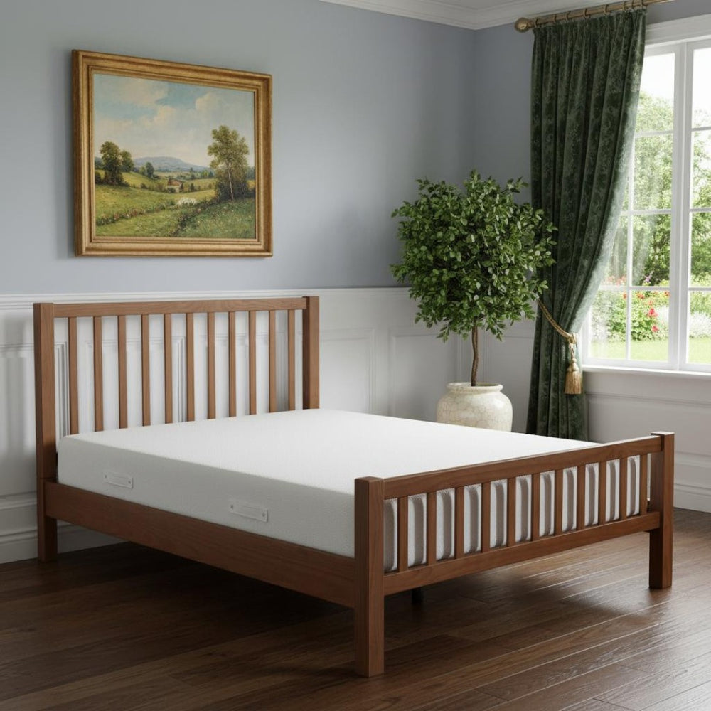 HomeRoots Brown Slat Back Solid Wood Queen Bed Frame - Durable Pine Construction, Stylish Design, and Comfort 523636