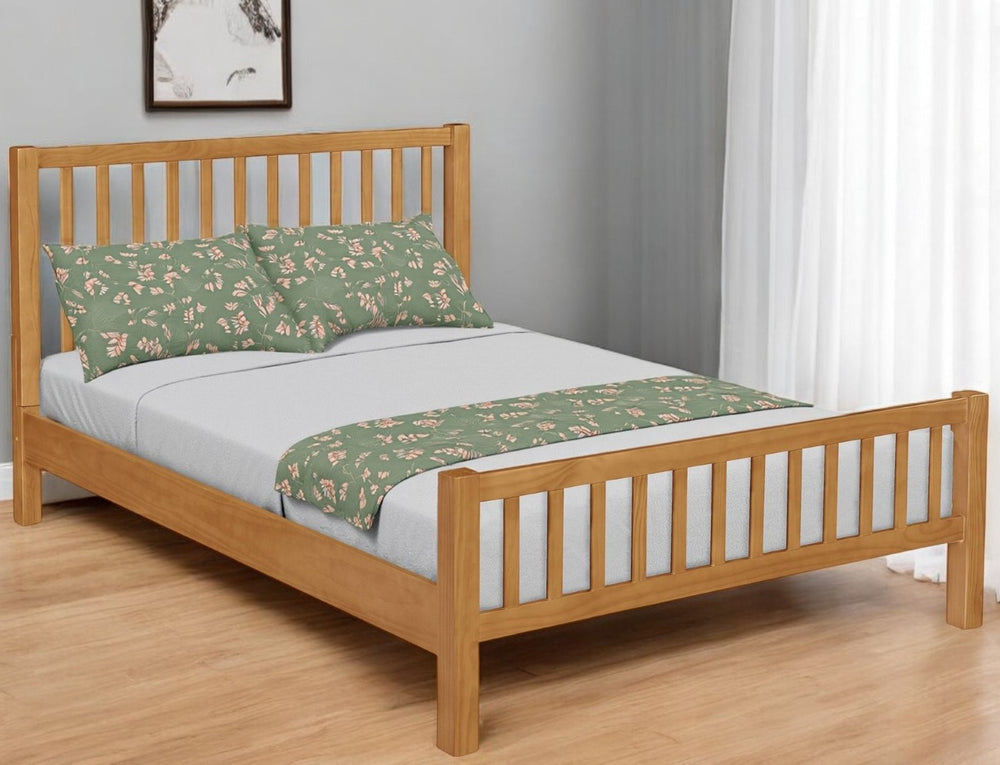 HomeRoots Black Slat Back Solid Wood Bed Frame - Durable Pine Construction with Modern Design for Your Bedroom Oak Queen 523638