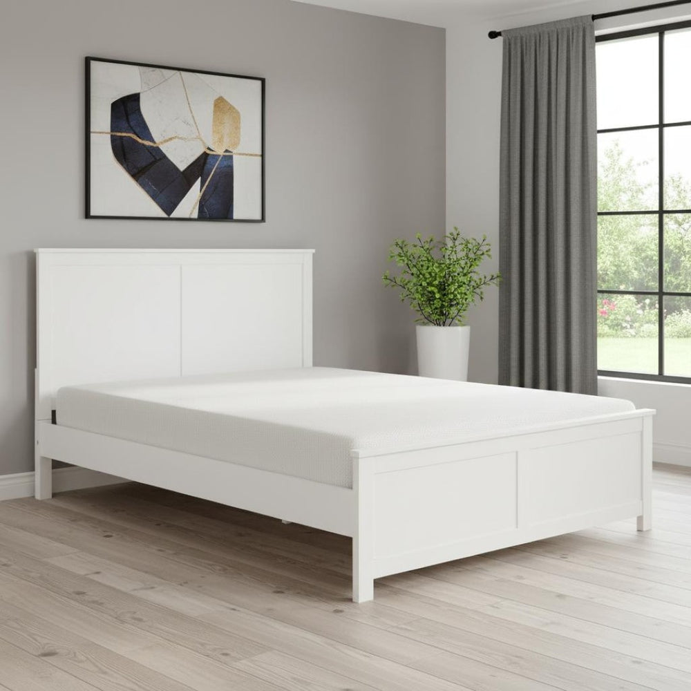 HomeRoots White Solid Wood King Bed Frame - Elegant Pine Design with Headboard, Footboard & 12 Support Slats 523659