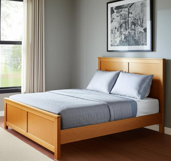 HomeRoots Brown Solid Wood Bed Frame - Modern Design with Durable Pine, 12 Slats, Under-Bed Storage, 800 lb Capacity Cherry Queen 523664