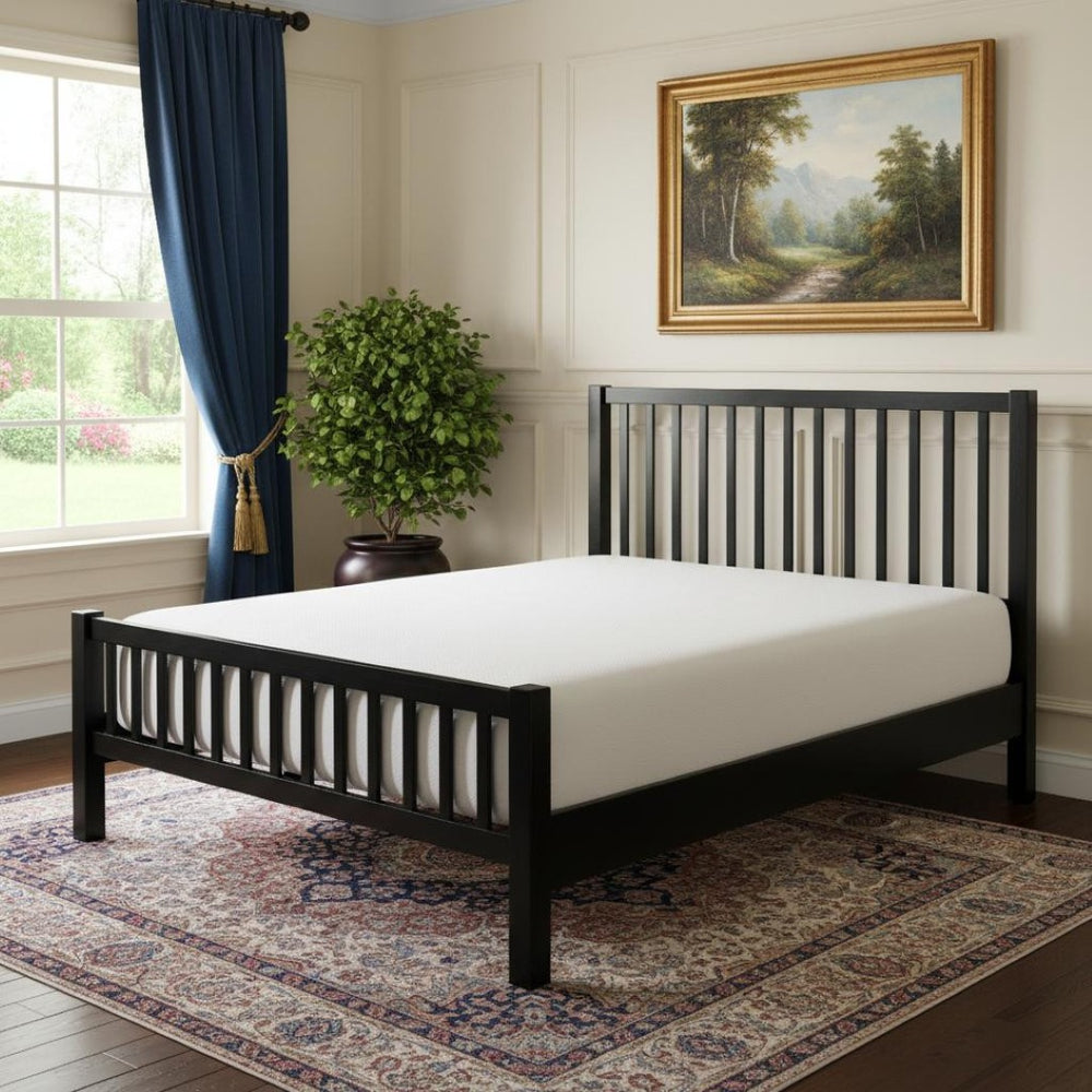 HomeRoots Black Slat Back Solid Wood Queen Bed Frame with Under-Bed Drawers for Stylish Bedroom Storage 523680