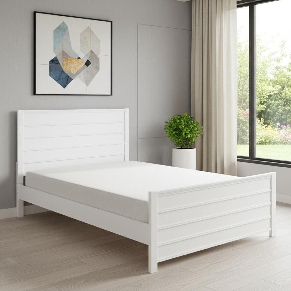 HomeRoots White Shiplap Texture Solid Wood Queen Bed Frame with Storage Drawers for Coastal Style Bedroom 523694