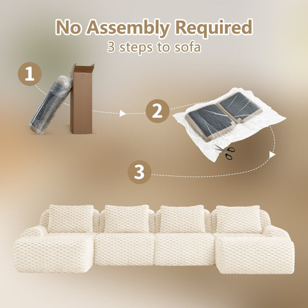 English Elm 146" U-shaped Modular Sectional Flannelette Sofa with Ottoman for Spacious Living Rooms Cream W714S01523