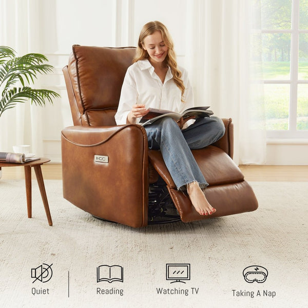 English Elm Brown Air Leather Power Recliner Rocker Swivel Chair for Living Room or Media B2766P488714
