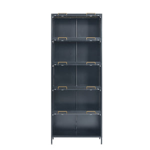 English Elm 76.75'' Tall Steel Barrister Bookcase with Led Lit Shelves and Brass Hardware Display Black SN845P397473B
