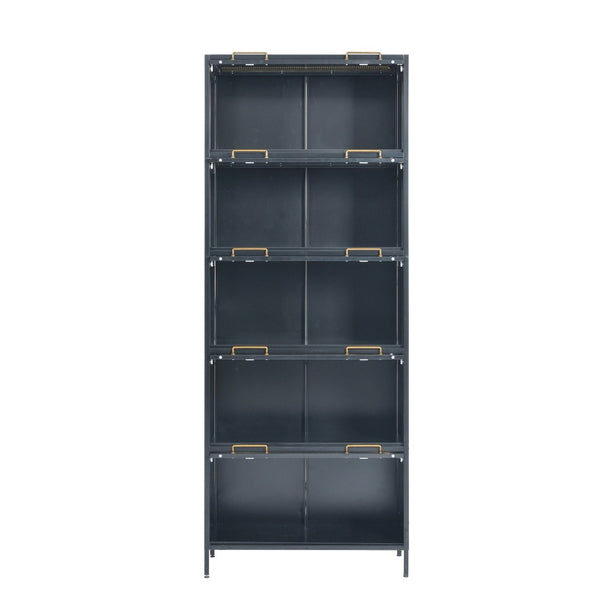 English Elm 76.75'' Tall Steel Barrister Bookcase with Led Lit Shelves and Brass Hardware Display Black SN845P397473B