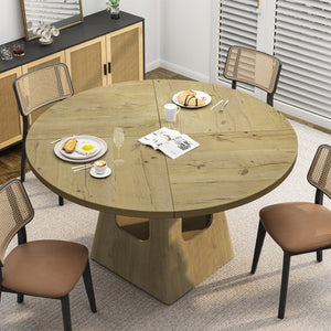 English Elm Round Farmhouse Dining Table 47 Inch Wooden Top with Lower Storage Shelf Seats Six Natural W757P367148