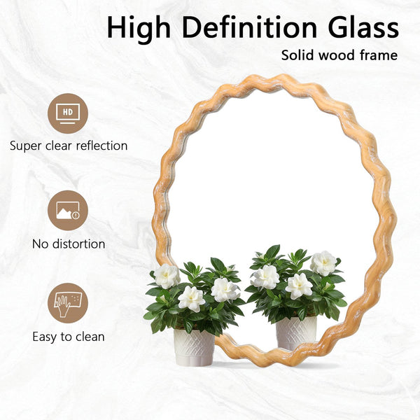 English Elm 27.5 Rustic Round Wavy Wall Mirror 27.5" Antique Natural Farmhouse Distressed Wood Frame Vintage Shine W2295P306932