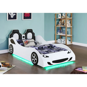 English Elm Solana Race Car Twin Bed with LED Underglow Lights, Padded Headboard, White Wood, Playful Design B062S01109