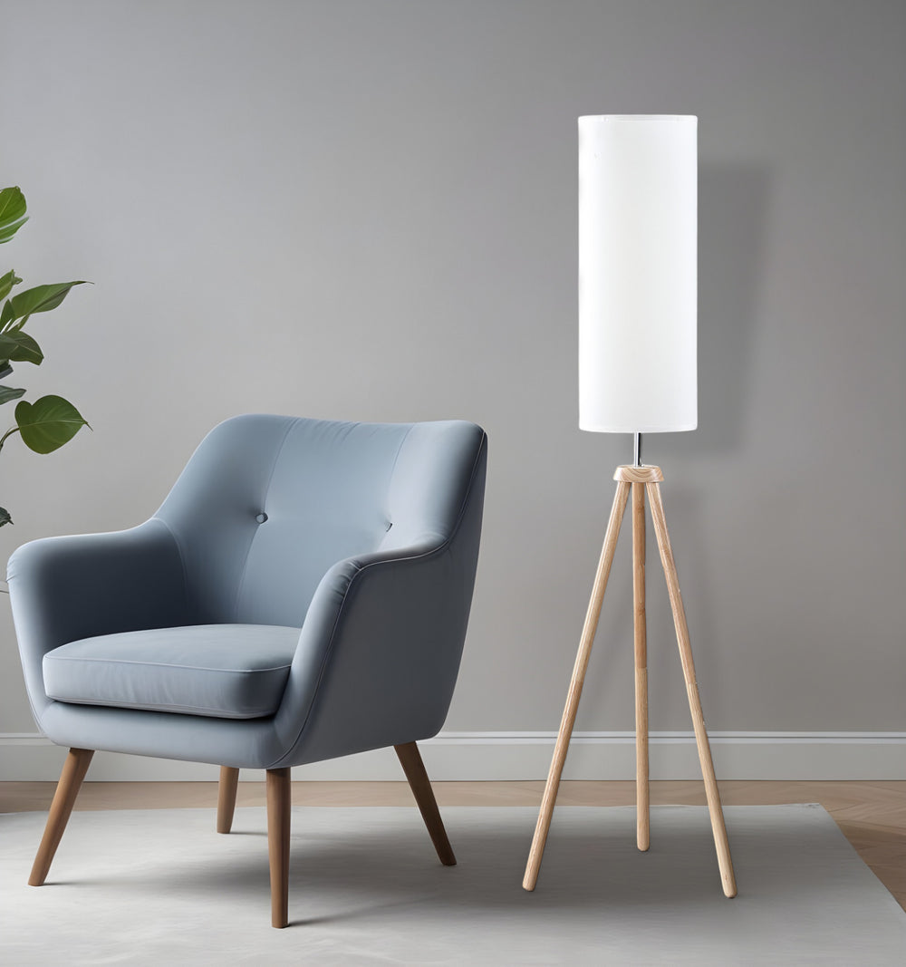 Homeroots 58" Natural Wood Look Tripod Floor Lamp With White Shade  Manufactured Wood 523888