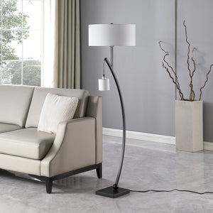 Homeroots 59" Matte Black Dual Arc Floor Lamp With White Drum Shade  Metal 523890
