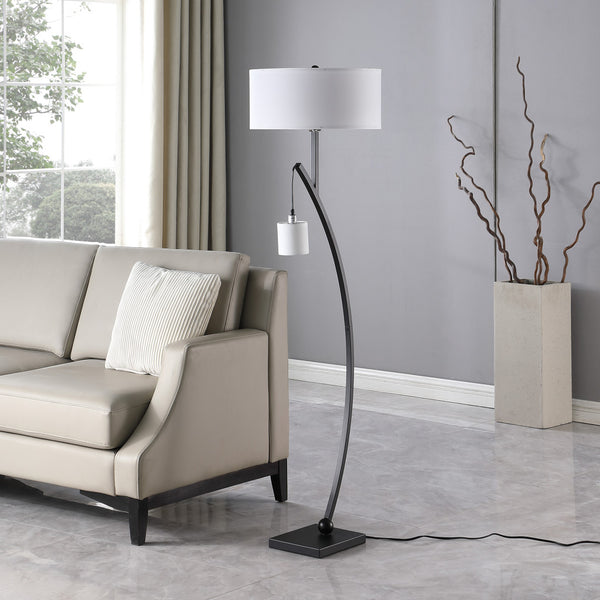 Homeroots 59" Matte Black Dual Arc Floor Lamp With White Drum Shade  Metal 523890