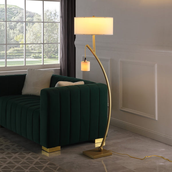 HomeRoots 59" Elegant Gold and White Arc Floor Lamp with White Fabric Shade for Modern Ambient Lighting Matte Gold 523891