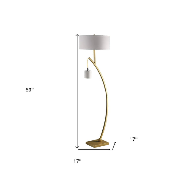 HomeRoots 59" Elegant Gold and White Arc Floor Lamp with White Fabric Shade for Modern Ambient Lighting Matte Gold 523891