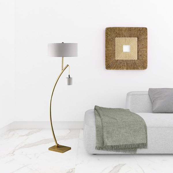 HomeRoots 59" Elegant Gold and White Arc Floor Lamp with White Fabric Shade for Modern Ambient Lighting Matte Gold 523891
