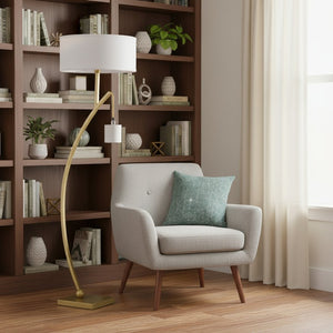 HomeRoots 59" Elegant Gold and White Arc Floor Lamp with White Fabric Shade for Modern Ambient Lighting Matte Gold 523891
