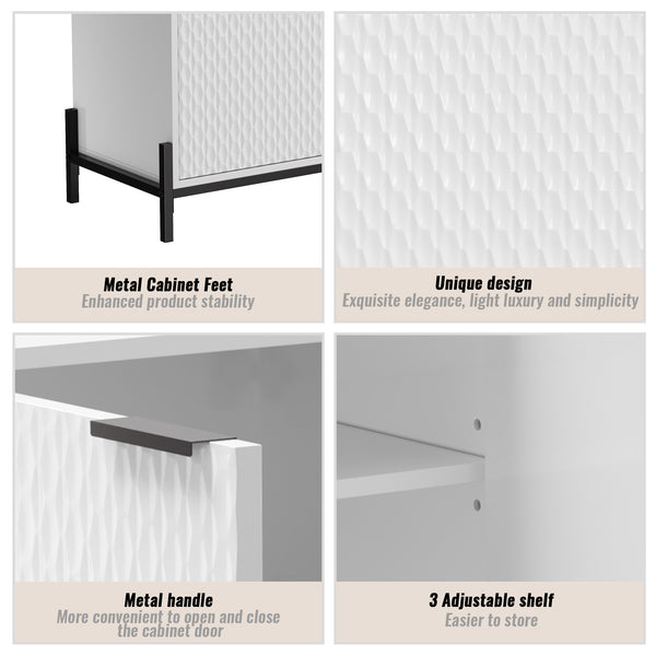 English Elm Modern White High Gloss 3-Door Cabinet Elegant Buffet Sideboard with Gold Handles, Black Metal Legs T3609P333085