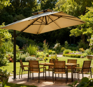 English Elm Outdoor Solar Led Cantilever Patio Umbrella with Rotating Canopy Tilt Crank Base T3971P426002
