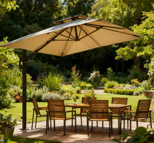 English Elm Outdoor Solar Led Cantilever Patio Umbrella with Rotating Canopy Tilt Crank Base T3971P426002