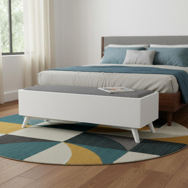 HomeRoots 59" Stylish Gray Linen Storage Bench with Drawers - Mid-Century Design for Bedroom & Entryway Comfort 523985
