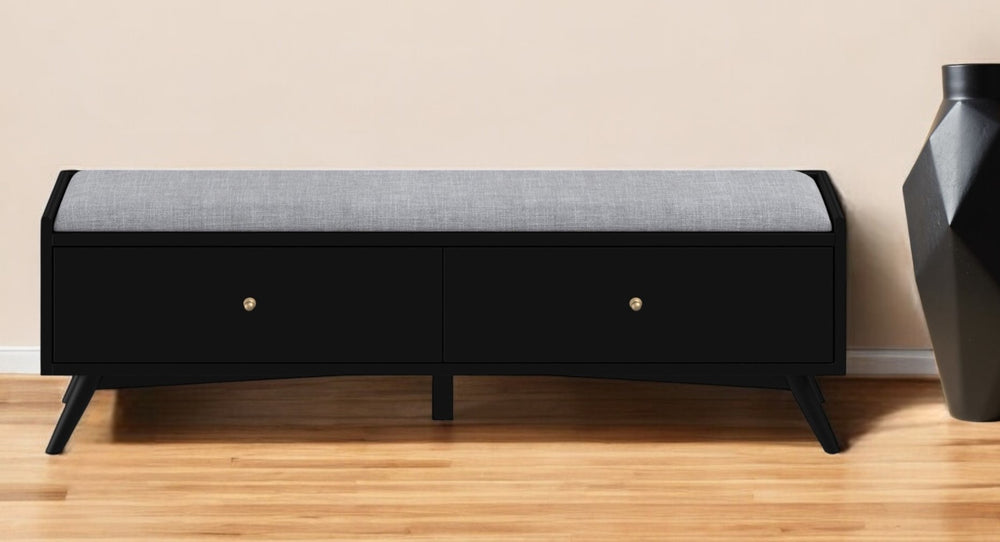 Homeroots 59" Gray And Black Fabric Upholstered Storage Bench With Drawers  Solid Wood 523986