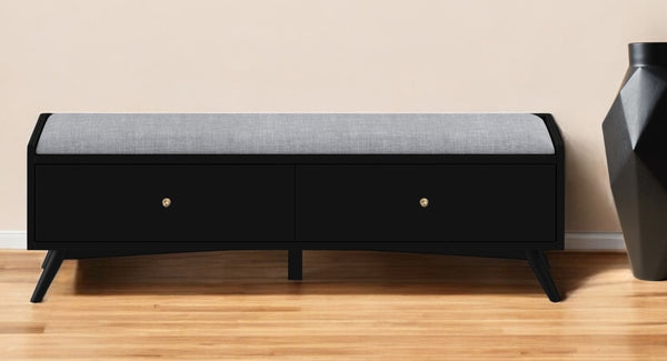 Homeroots 59" Gray And Black Fabric Upholstered Storage Bench With Drawers  Solid Wood 523986