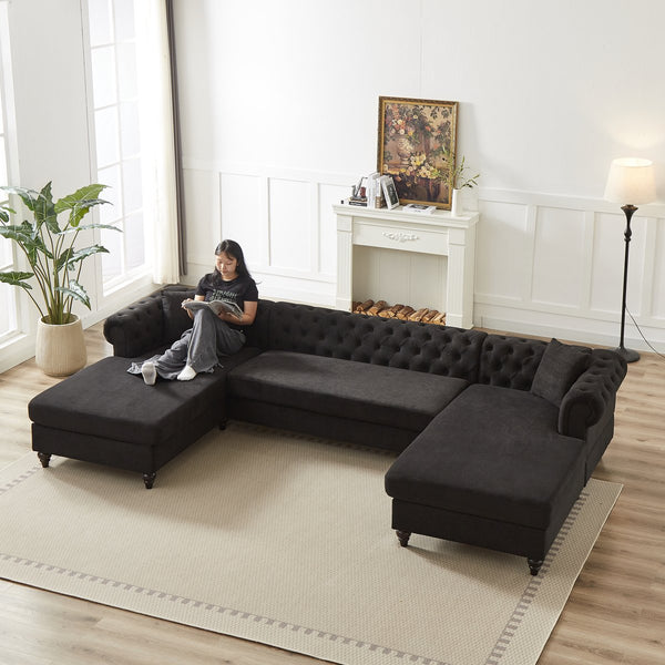 English Elm 135.5-inch Modern Chenille U-Shaped Sectional Sofa with Dual Chaise, Pull-Point Detail, Pillows, Wooden Legs Black W1926S00046