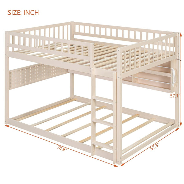 English Elm Full Over Bunk Bed with Led Lighting Pegboard Shelving and Pine Wood Frame Beige LT000278AAA