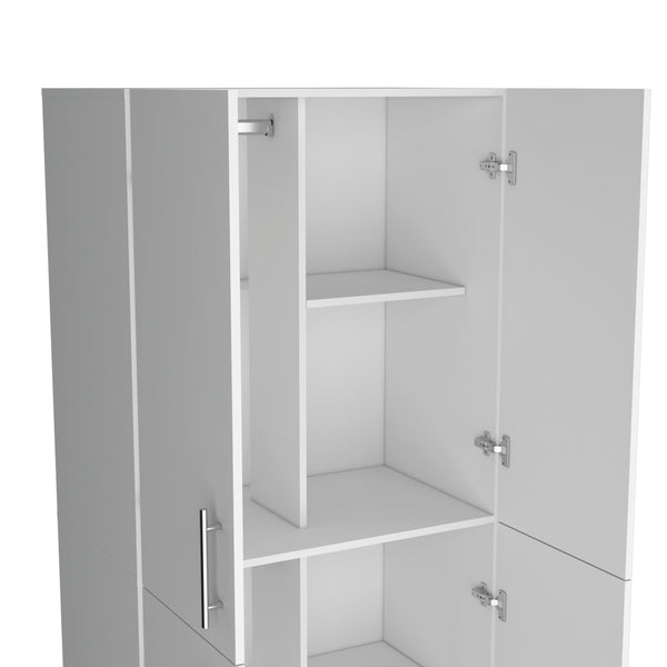 English Elm Hazel Slim White Melamine Armoire with 2 Doors, 4 Shelves & 2 Hanging Bars — Stylish Space-Saver B128S00008