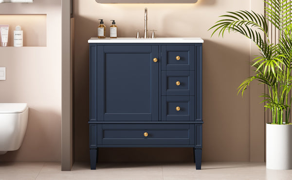 English Elm 30 30 Inch Bathroom Vanity with Ceramic Sink, Modern Compact 3-Drawer Storage Cabinet for Small Baths Blue N710P247499C