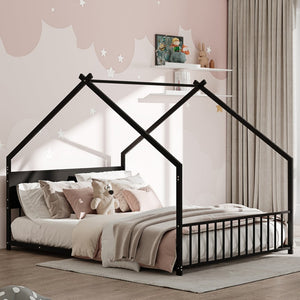 English Elm Twin House Bed Frame with Led Lights Iron Slats Low Profile Kids Bedroom W1820P234582