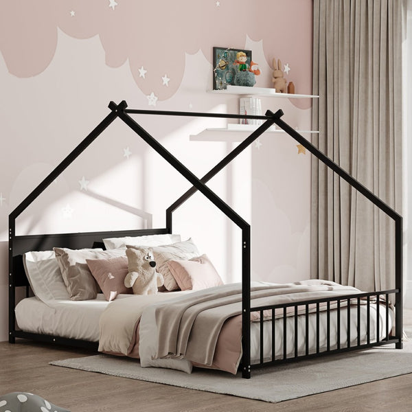 English Elm Twin House Bed Frame with Led Lights Iron Slats Low Profile Kids Bedroom W1820P234582