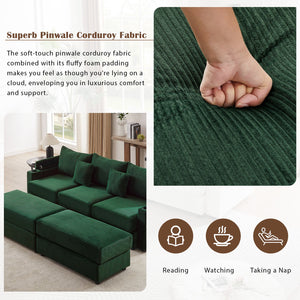 English Elm 95.3" Versatile 3-Seater Sectional Sofa With Smart Storage, Usb Ports, Cup Holders & Ottomans, Green N719S001613F